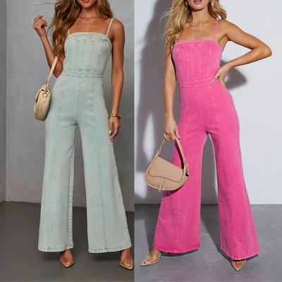 水洗微喇牛仔连体衣女背带长裤