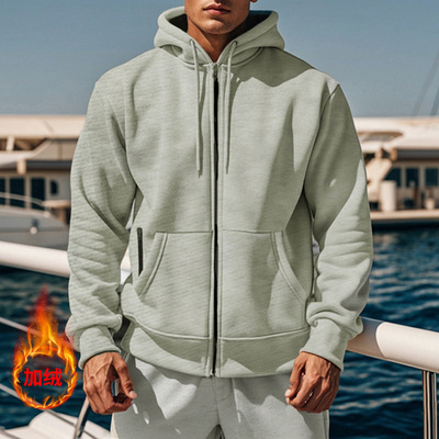 抓绒保暖拉链卫衣纯色连帽运动衫