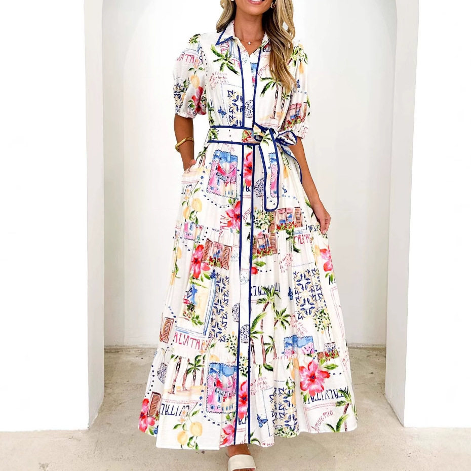 Printed short-sleeved dress 早秋棉麻花卉印花系带短袖连衣裙女