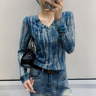 夏季女装长袖t恤扎染打底衫