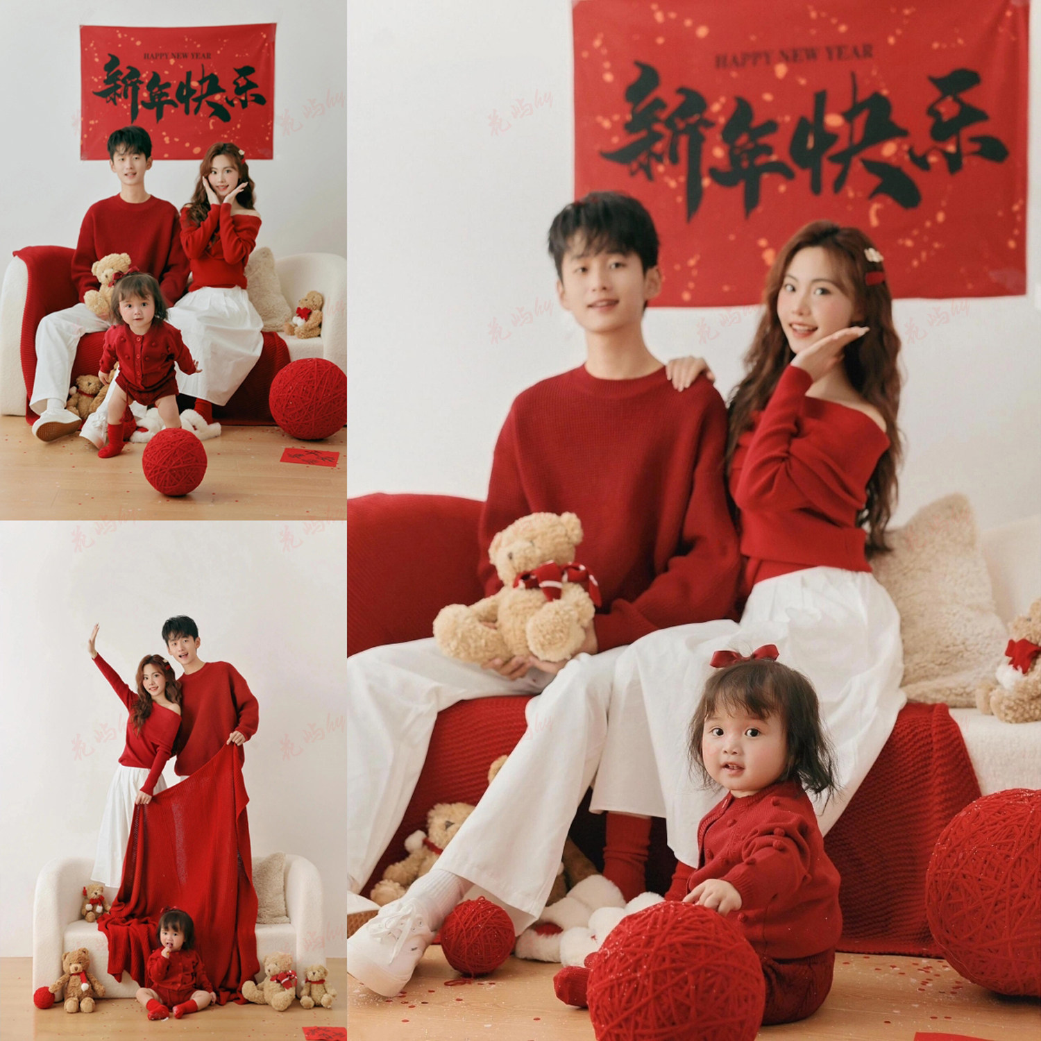 红色毛衣拍照写真亲子喜庆全家福