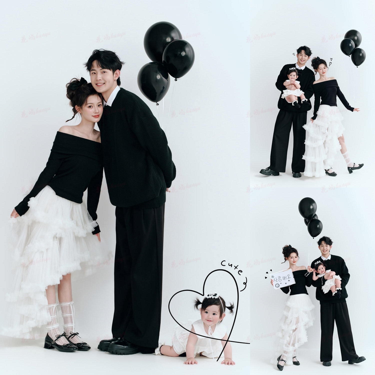 韩系黑白亲子装写真服装一家三口