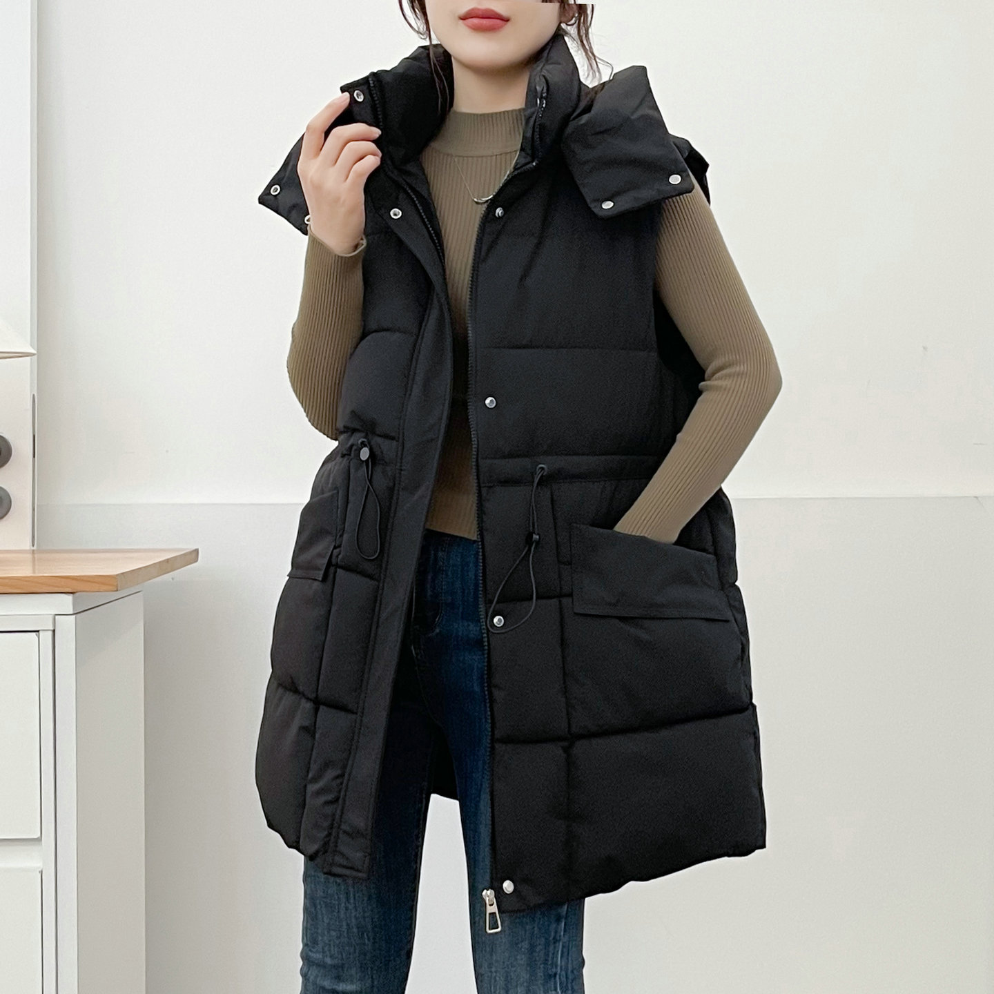 欧货宽松大码中长款羽绒棉马甲女