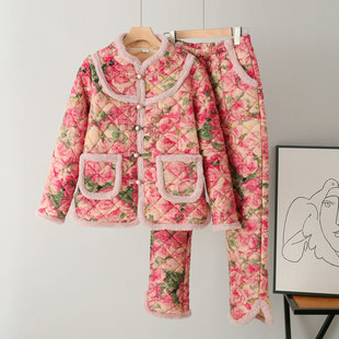 套装 民族风棉服加厚家居棉衣棉裤 大花袄棉袄两件套女冬季 休闲时尚