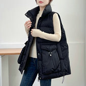 欧洲站休闲中长款 羽绒马甲女2025秋冬新白鸭绒大口袋马夹背心外套