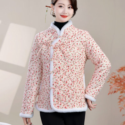 新中式国风盘扣碎花棉服女