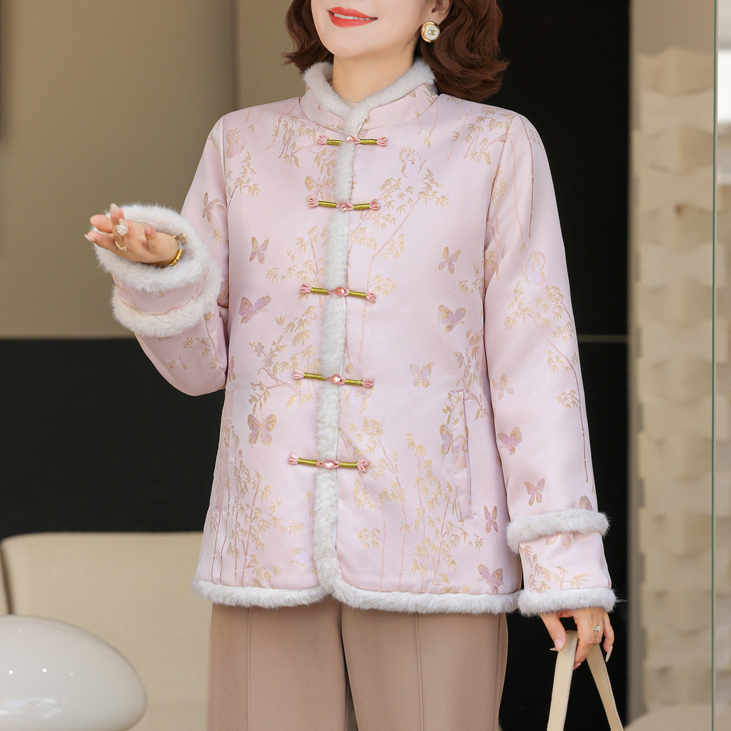 新中式国风复古盘扣提花棉服外套
