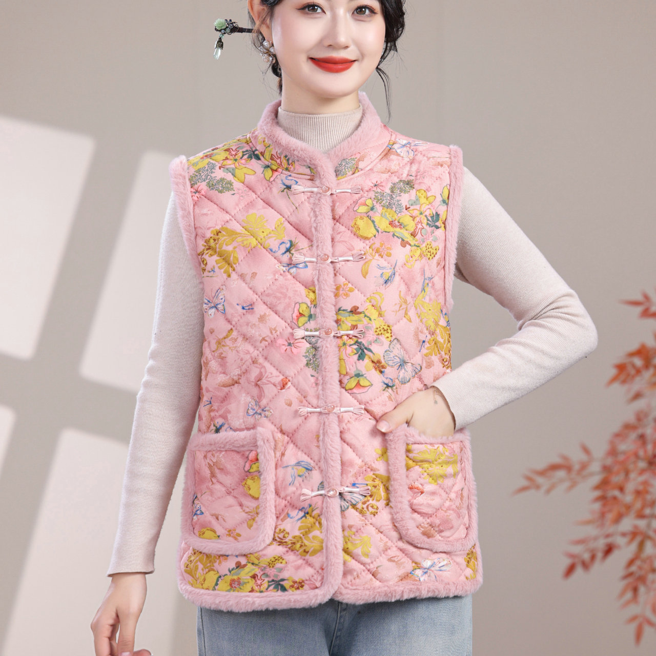 新中式国风复古碎花加绒马甲外套