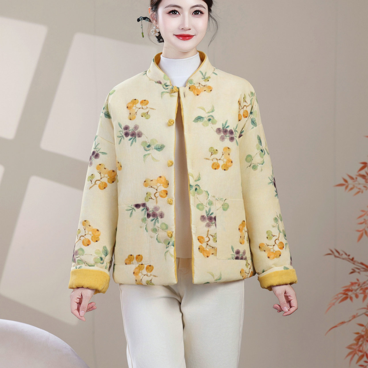 新中式立领双面穿碎花棉服外套女
