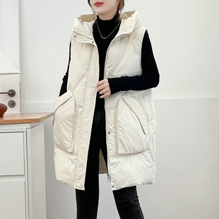 欧货休闲中长款 连帽羽绒棉马甲女2025秋冬新宽松显瘦外套马夹背心
