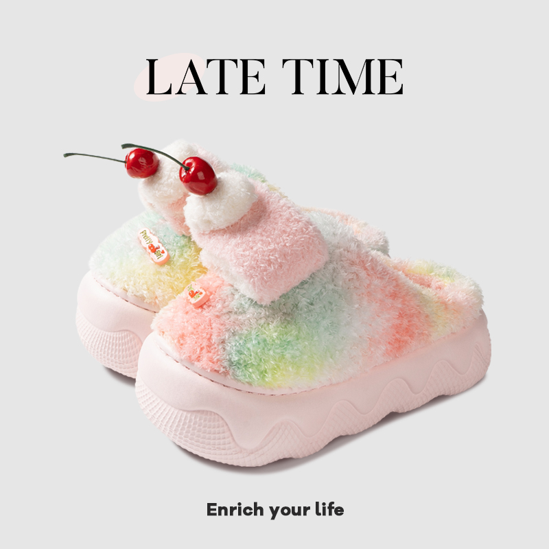 迟到时光樱桃蛋糕厚底棉拖鞋