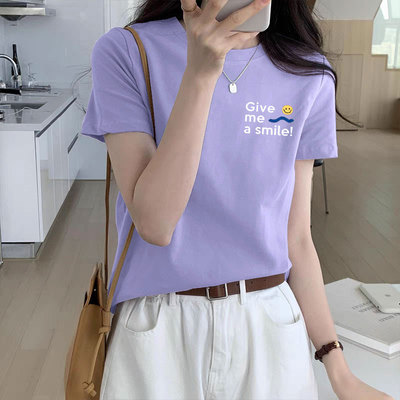 夏款浅紫色棉质t恤女士短袖松肩基础百搭简单t恤2026夏季新0312d