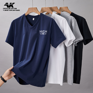 纯色V领印花短袖 宽松打底衫 半袖 白T恤纯棉潮流男装 上衣服 男士 夏季