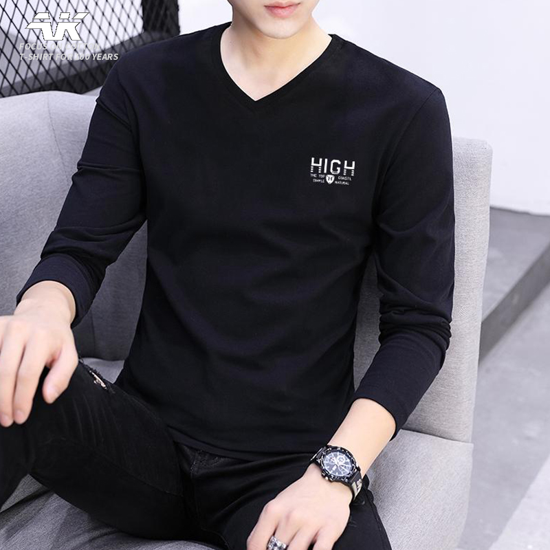 V领长袖T恤中年男士内衣小衫修身帅气上衣鸡心领潮流纯棉衣服新款