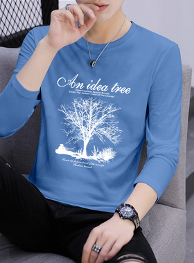 男士圆领新款休闲上衣服长袖纯棉T恤灰色青少年个性黑色简约内搭