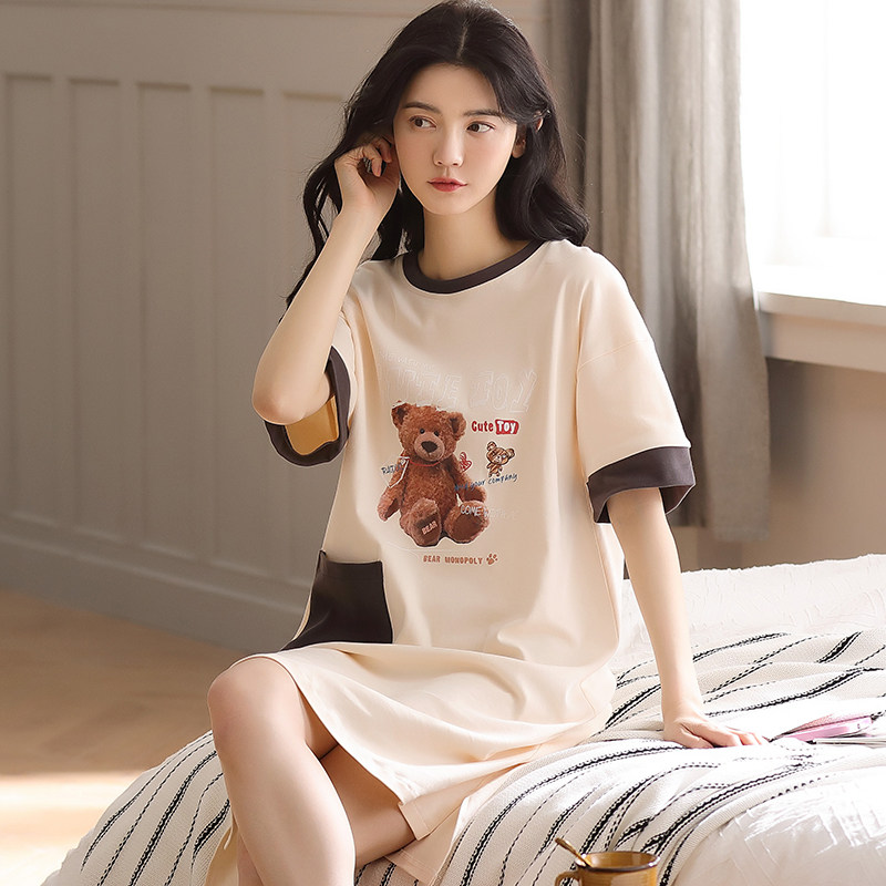 睡裙女夏季纯棉短袖学生夏款2022年新款女士春秋夏天小熊孕妇睡衣