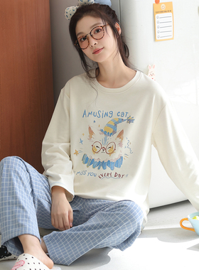 卡之恋冬季睡衣女款加厚德绒羊绒长袖蓝白色格子裤毛绒奶fu家居服