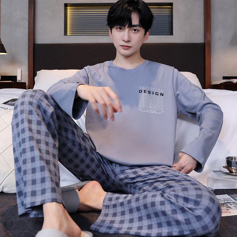 卡之恋男士睡衣秋冬季纯棉长袖蓝色格子长裤两件套青年学生家居服