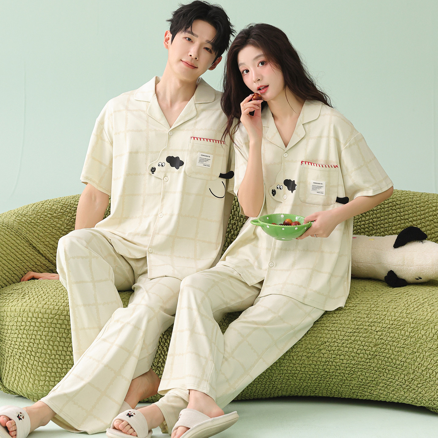 卡之恋夏季睡衣情侣装短袖长裤纯棉薄款开衫格子夏天男女士家居服