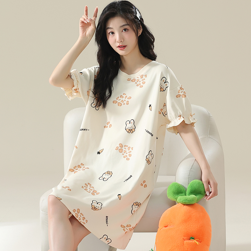 卡之恋睡裙女夏季薄款短袖纯棉睡衣可爱日系兔子印花连衣裙家居服