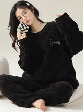 秋冬款珊瑚绒睡衣女2025年新款冬季黑色卫衣套装加厚法兰绒家居服