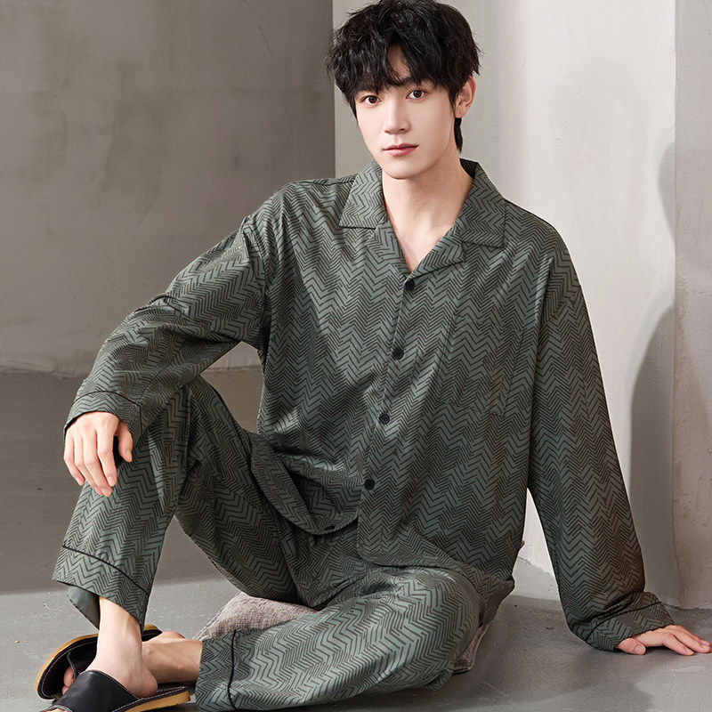 卡之恋睡衣男春秋款长袖纯棉开衫翻领高档条纹理套装加大码家居服