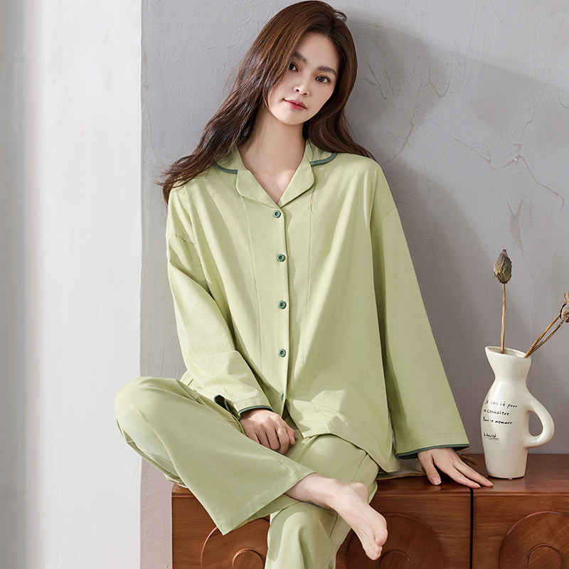 卡之恋睡衣女春秋款长袖纯棉衬衫式套装奶绿韩版简约加大码家居服