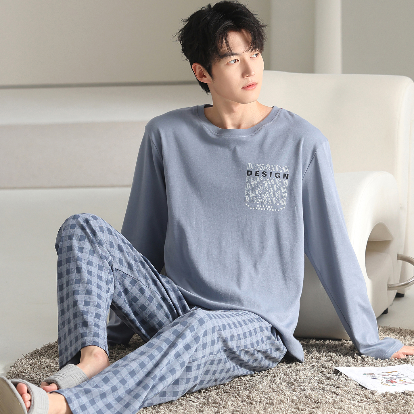 卡之恋男款睡衣长袖春秋季2025新款纯棉蓝色学生格子裤套装家居服