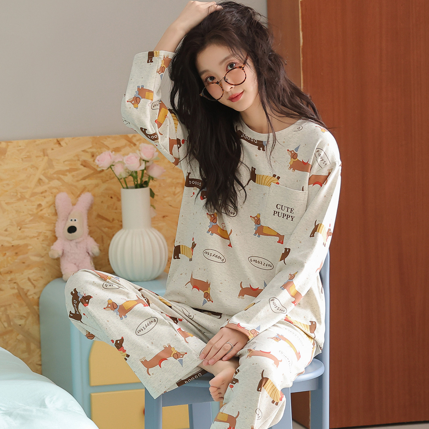 卡之恋睡衣长袖女款春秋季纯棉学生可爱腊肠狗卡通女生睡裤家居服