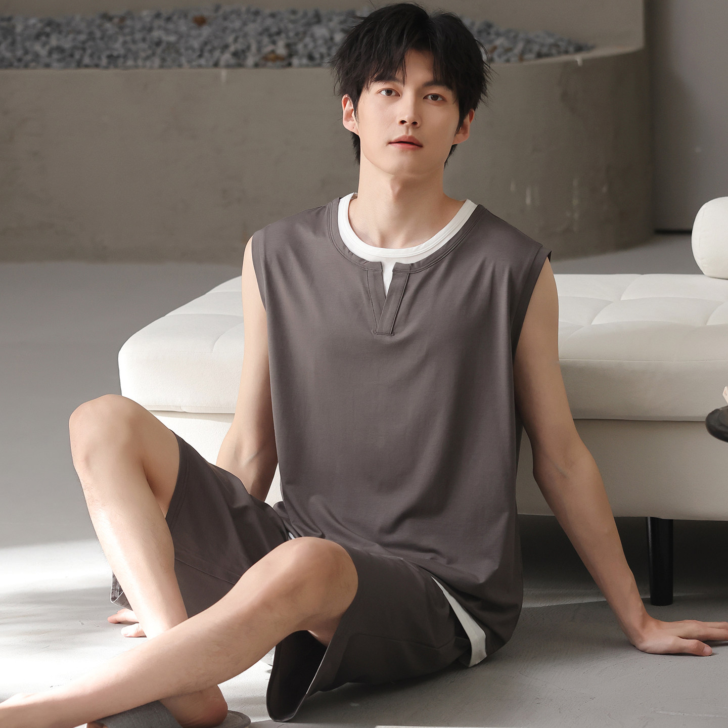 卡之恋睡衣男款夏薄款莫代尔棉无袖短裤背心套装大码青少年家居服