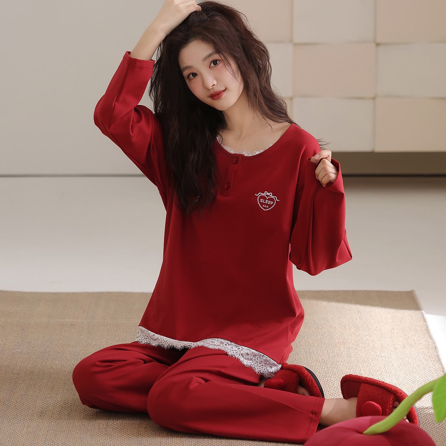 卡之恋睡衣女款2025新款秋冬季纯棉长袖加厚红色结婚蕾丝边家居服