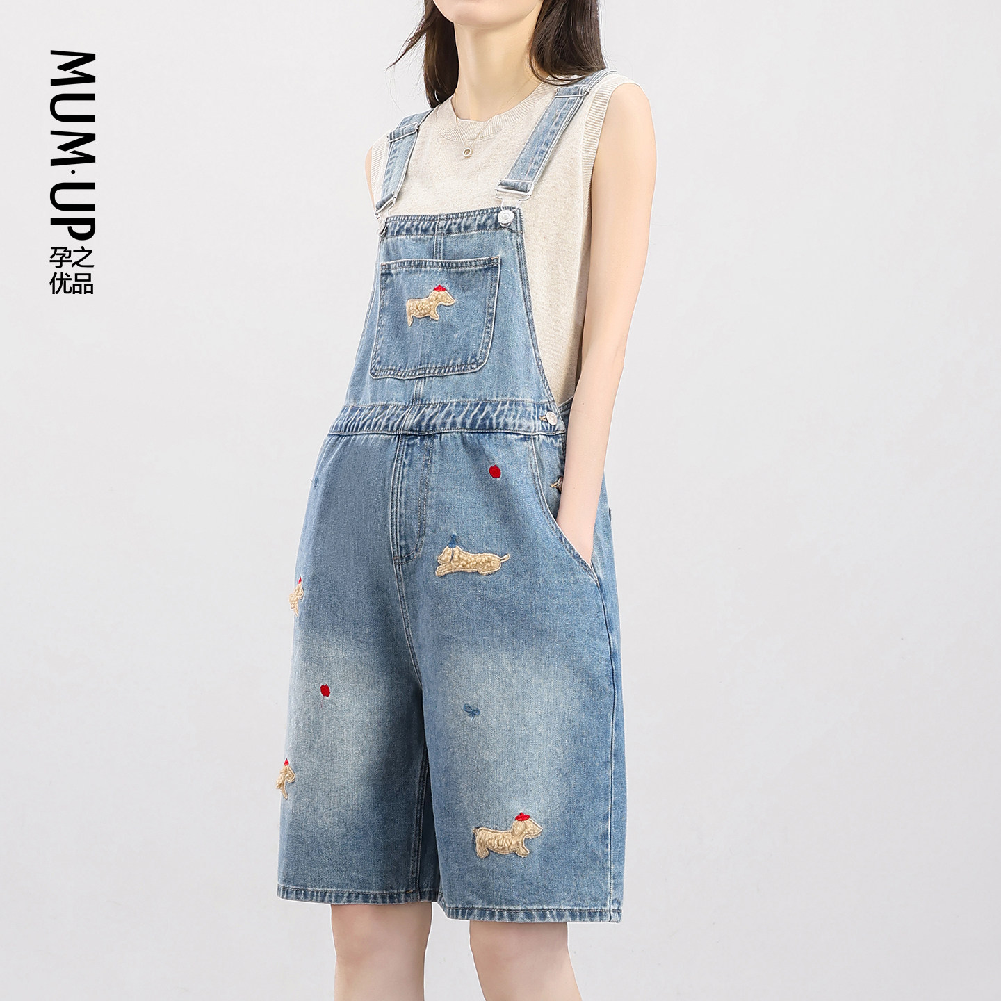 【新品】孕妇牛仔背带短裤2026夏薄款外穿时尚腊肠狗刺绣孕妇短裤