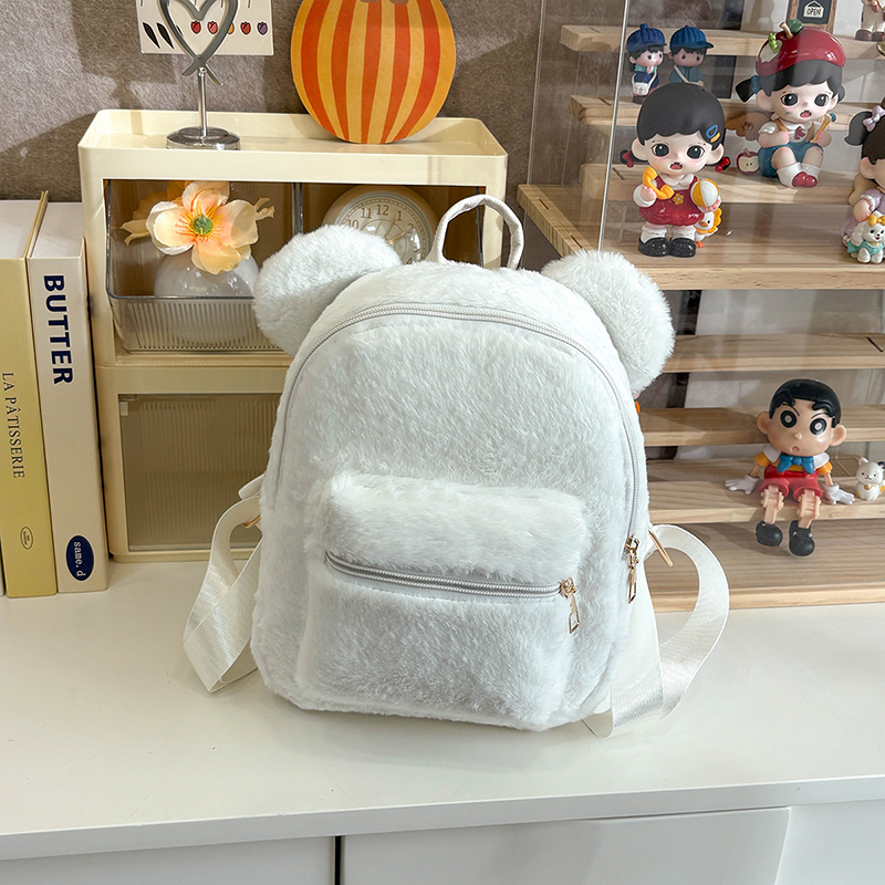 可爱毛绒双肩背包女学生书包白色萌系小背包日系少女风网红百搭
