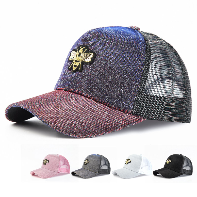 新款荧光水晶蝴蝶棒球帽韩版嘻哈渐变色闪粉网帽防晒鸭舌帽子