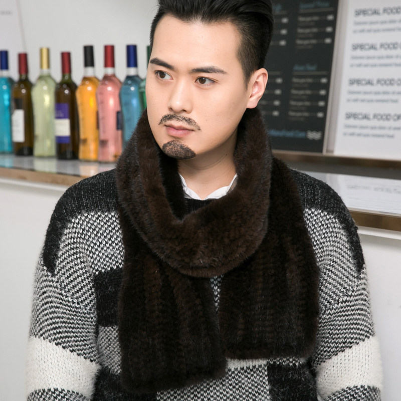 水貂毛围巾男冬季韩版长款貂皮编织双面加厚保暖毛线针织皮草围脖