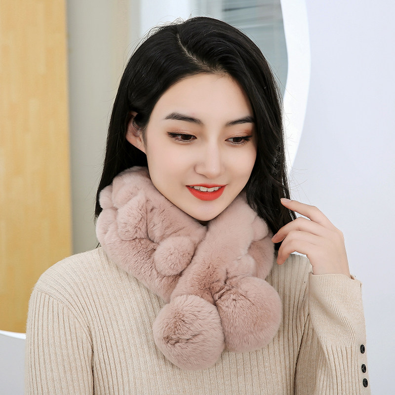 真獭兔毛围巾两管球皮草围脖女士儿童冬季通用加厚真兔毛围巾韩版