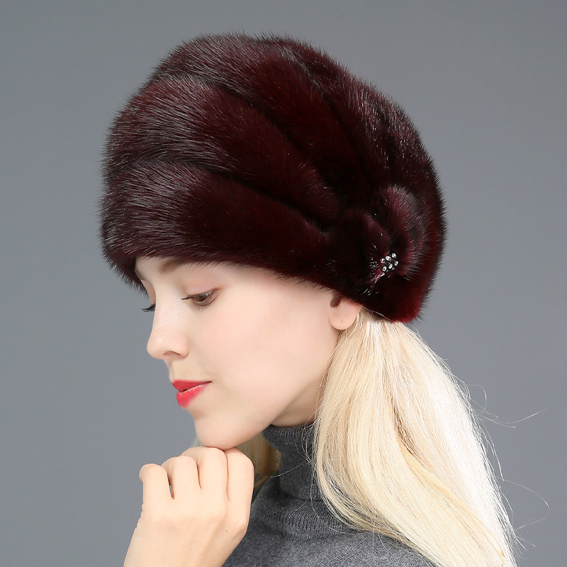 水貂毛帽子女冬季韩版整貂中老年妈妈保暖裘皮包头贝雷帽真皮草帽