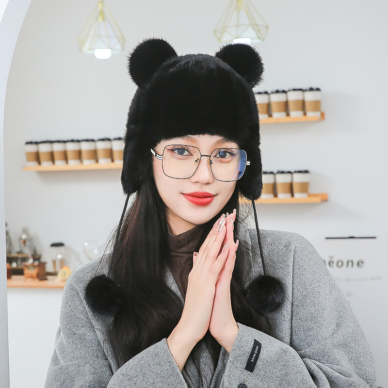 少年儿童皮草帽子女秋冬季小孩保暖护耳可爱猫耳朵水貂毛帽子成人