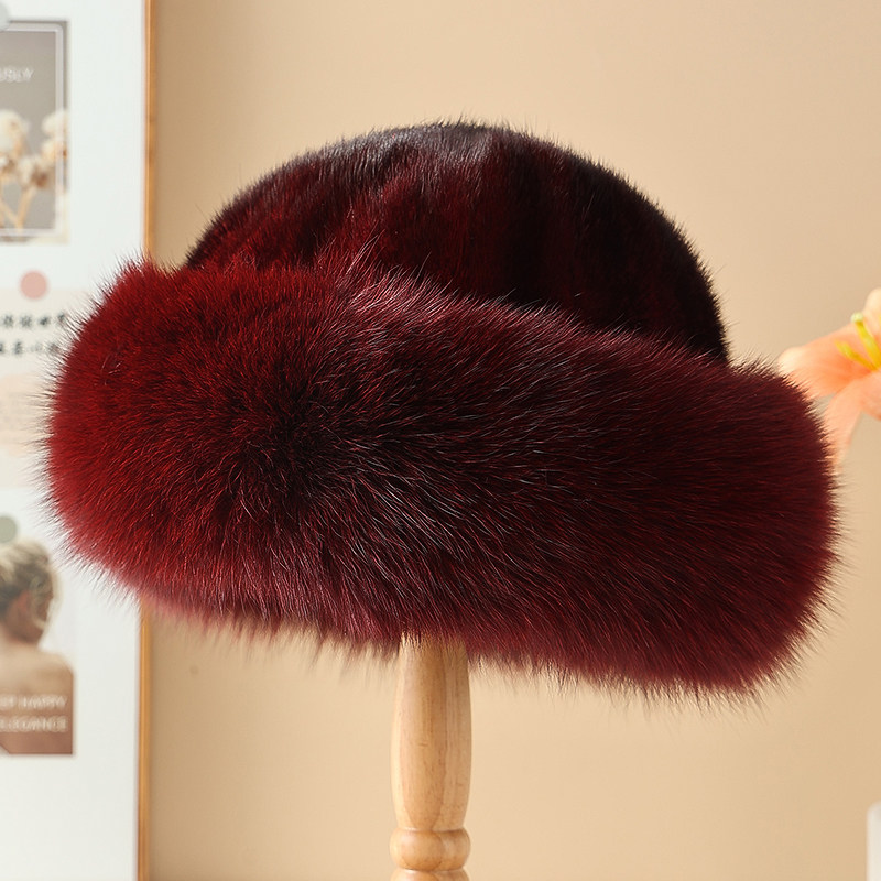 新款水貂皮草帽子女冬天狐狸边保暖帽子狐狸毛帽檐公主帽貂皮帽子