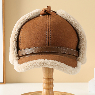 男士真皮帽子冬季保暖羊毛鸭舌帽皮毛羊羔中老年羊皮雷锋帽护耳帽