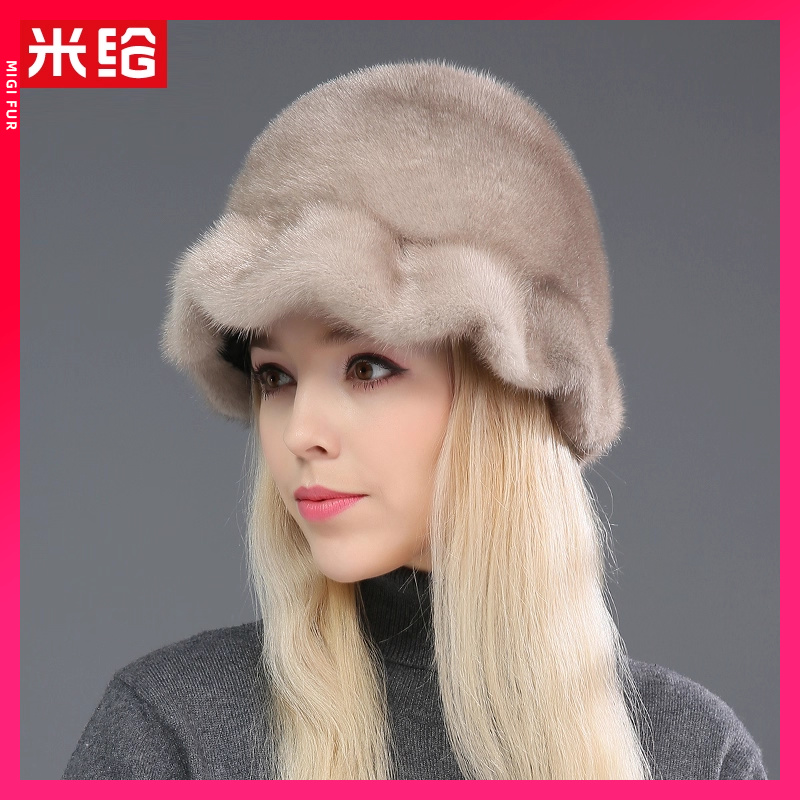 水貂毛帽子女士冬季韩版新款皮草帽护耳保暖妈妈渔夫帽盆帽贝雷帽