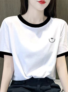 欧货棉质短袖t恤女2026夏季新款白色正肩宽松T恤撞色减龄上0514k