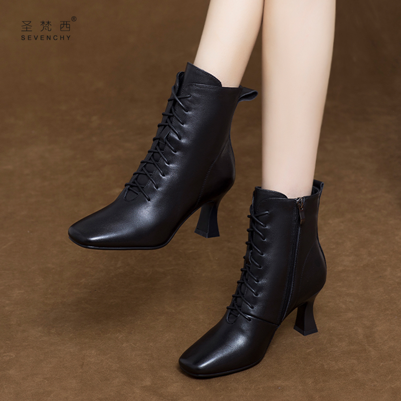 2025新款秋冬季方头细跟短靴女高跟鞋软皮英伦风小跟真皮鞋马丁靴