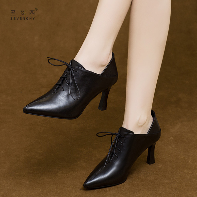 软皮高跟鞋女春秋细跟2025年秋季新款尖头气质深口单鞋系带真皮鞋,女鞋,深口单鞋,淘宝优惠券,粉丝福利购,淘宝优惠卷