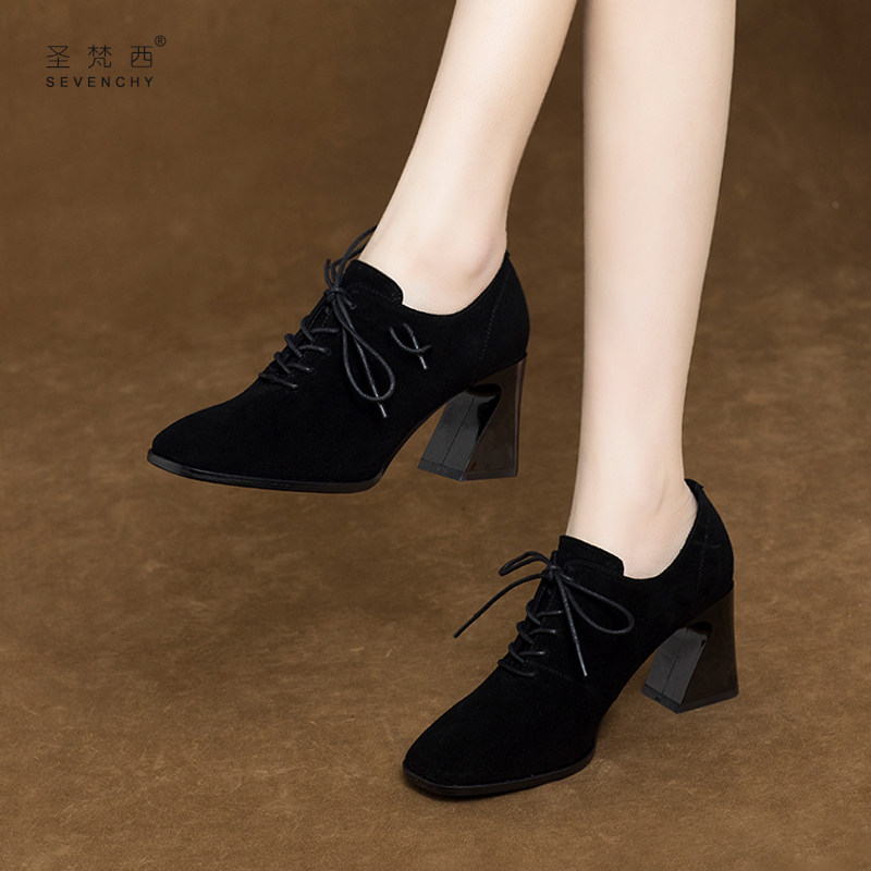 2025新款法式气质方头系带粗跟高跟鞋女春秋款绒面深口单鞋真皮鞋,女鞋,深口单鞋,淘宝优惠券,粉丝福利购,淘宝优惠卷