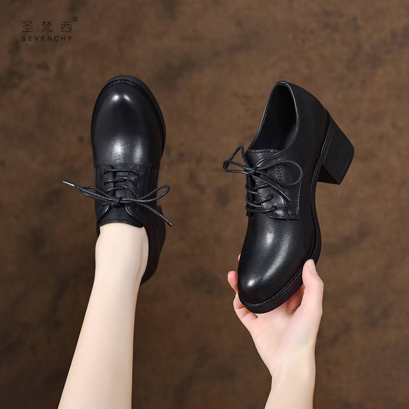2025秋季新款真皮英伦风女鞋系带粗跟深口单鞋女士中跟小皮鞋春秋