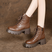 高跟短靴真皮鞋 2025新款 女士复古棕色厚底马丁靴女秋冬季 软皮靴子