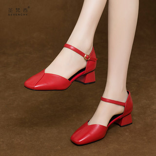 2024年新款夏季女鞋子方头软皮包头凉鞋女单鞋中跟粗跟红色真皮鞋