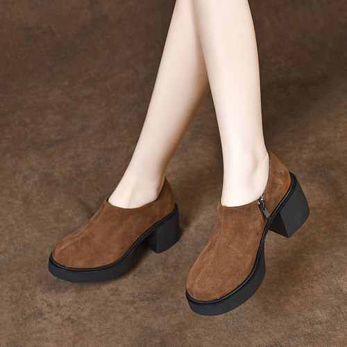 2025新款秋款女鞋厚底粗跟深口单鞋高跟鞋春秋款时尚翻毛皮小皮鞋