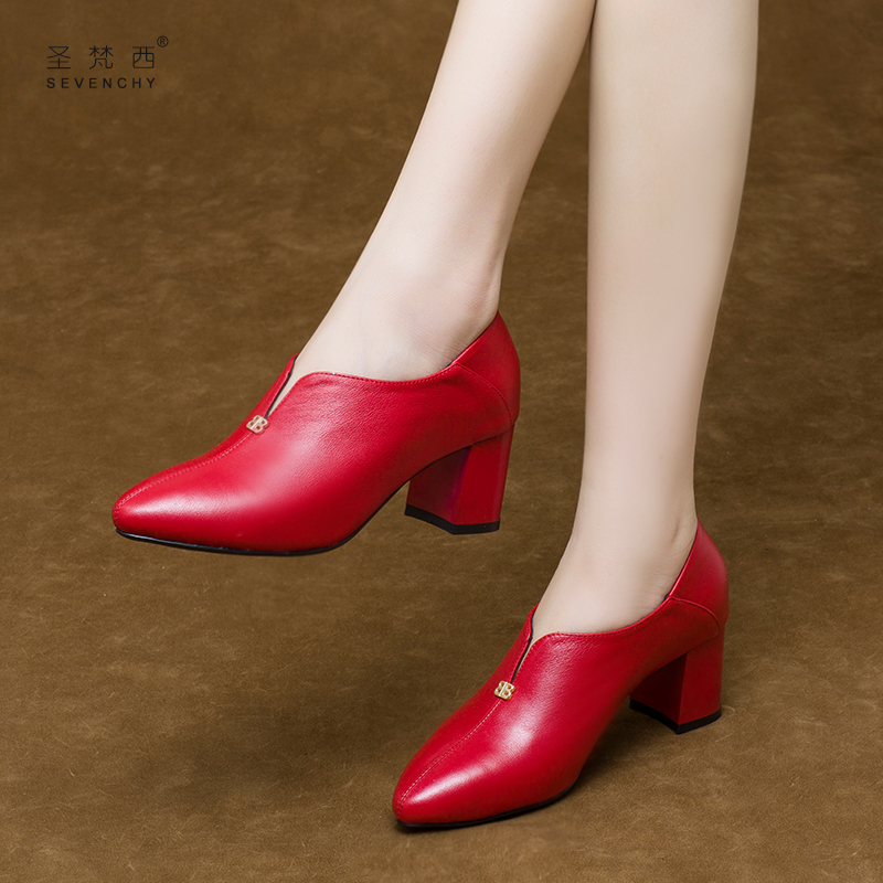 高跟鞋2024年新款红色软皮粗跟深口单鞋中跟女鞋妈妈真皮鞋春秋季